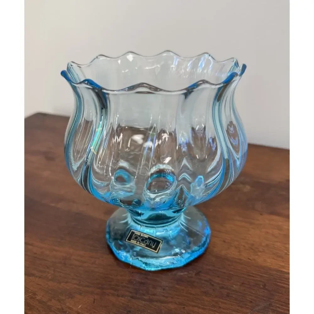 Vintage Toscany Italy Hand Blown Aqua Blue Art Glass Footed Bowl Compote 6